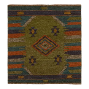 1980s Vintage Sofreh Kilim Rug in Green With Blue and Orange Geometric Patterns