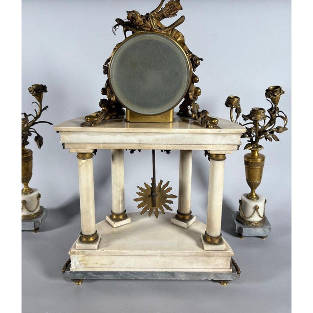 Neoclassical Louis XVI style mantel clock and floral candelabra. For Sale - Image 3 of 9