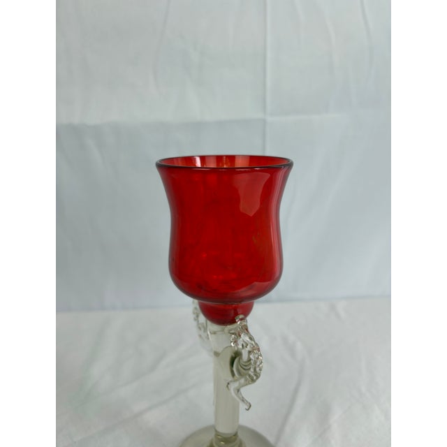 Art Nouveau Signed 1976 Murano Ruby Glass Candlestick by Robert Levin For Sale - Image 3 of 10