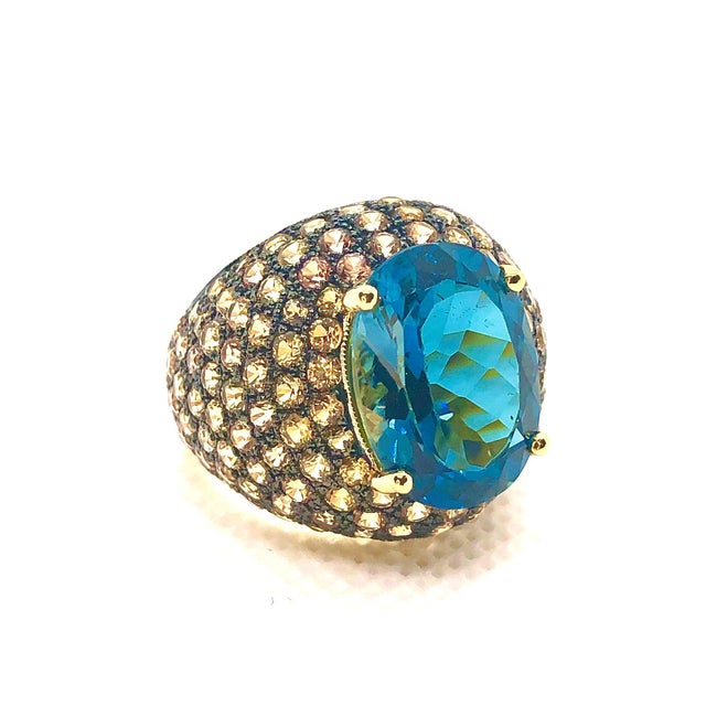 Gemstone Bochic "Orient" Vintage Natural Yellow Sapphire & Blue Topaz Ring Set 18K Gold & Silver For Sale - Image 7 of 8