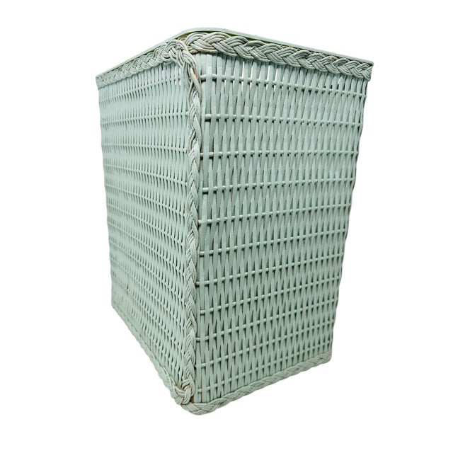 Mid-Century Sage Green Wicker Wastebasket With Triple Braided Trim For Sale - Image 4 of 11