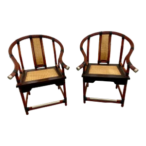 Palecek Chinoiserie Ming Style Bamboo Rattan Club Armchairs - a Pair