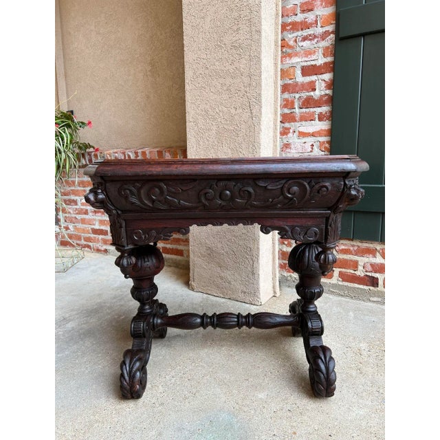Brown Antique Petite English Sofa Side Table Library Desk Renaissance Carved Oak C1890 For Sale - Image 8 of 13