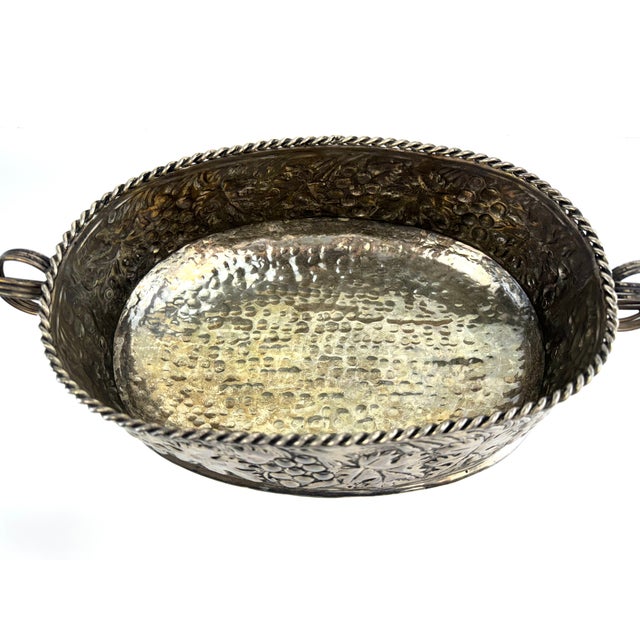 Antique Silver Plate Grape Motif Footed Bowl With Rope Edge and Handles For Sale - Image 9 of 10