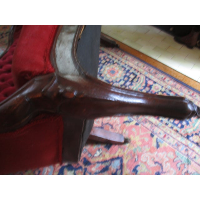 Antique Victorian Carved Walnut Red Velvet Tufted Love Seat For Sale - Image 11 of 14