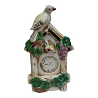 Mid 20th Century Vintage Hand Painted Ceramic Birdhouse Clock Figurine For Sale
