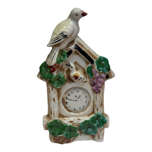 Mid 20th Century Vintage Hand Painted Ceramic Birdhouse Clock Figurine For Sale