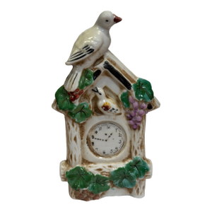 Mid 20th Century Vintage Hand Painted Ceramic Birdhouse Clock Figurine