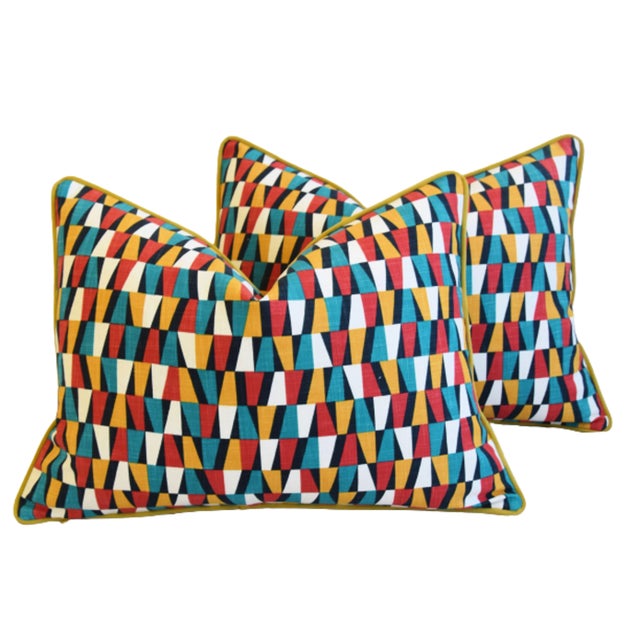 Designers Geometric Teal/Red/White/Gold Feather/Down Pillows 224 X 18" - Pair For Sale In Los Angeles - Image 6 of 6