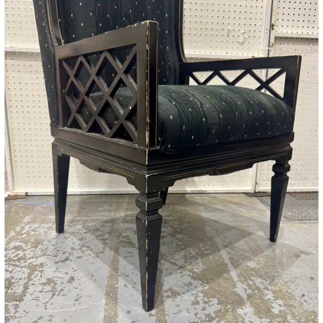 Elegant Vintage Chinese Chippendale–Inspired High Back Fretwork Wingback Armchair, perfect for adding classic...