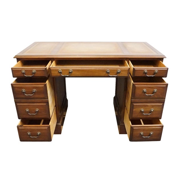 Late 20th Century Sligh Lowry Solid Pine Early American Country Style 46" Double Pedestal Writing Desk W. Tooled Leather Top For Sale - Image 5 of 12