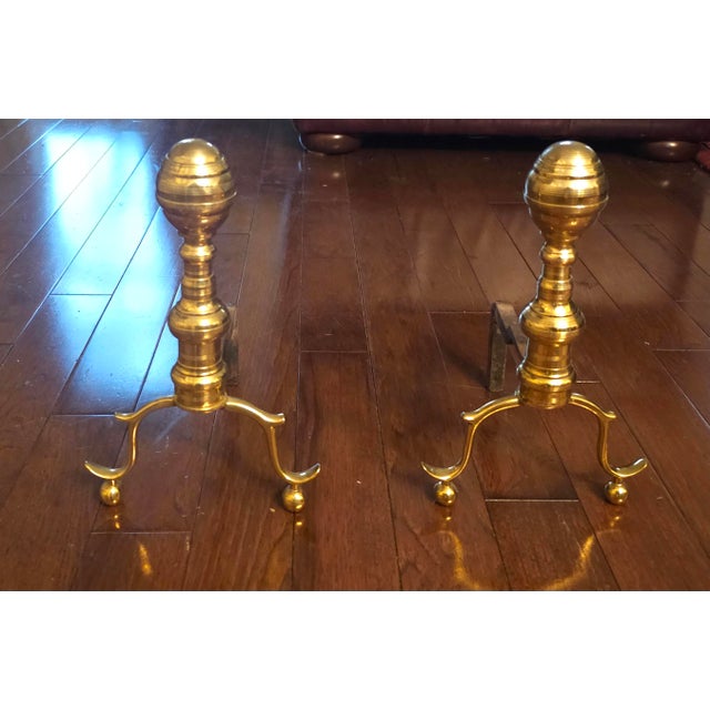 Metal Pair Mid-20th Century Federal Style Canon Ball Brass Fireplace Low Andirons For Sale - Image 7 of 10
