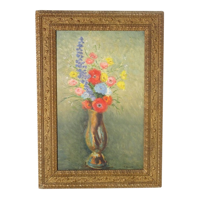 Mid Century Signed Thomas Sgovio Framed Floral Still Life Oil Painting For Sale