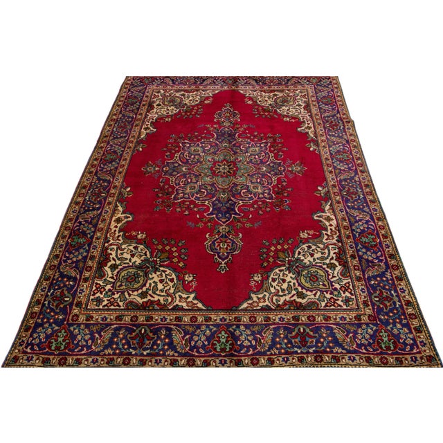 Persian 1960s Vintage Persian Tabriz Handmade Medallion Red Wool Rug For Sale - Image 3 of 7
