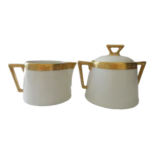 Antique 1913 Jaeger & Co J&c Bavaria Porcelain Gold Trim Sugar Bowl & Creamer