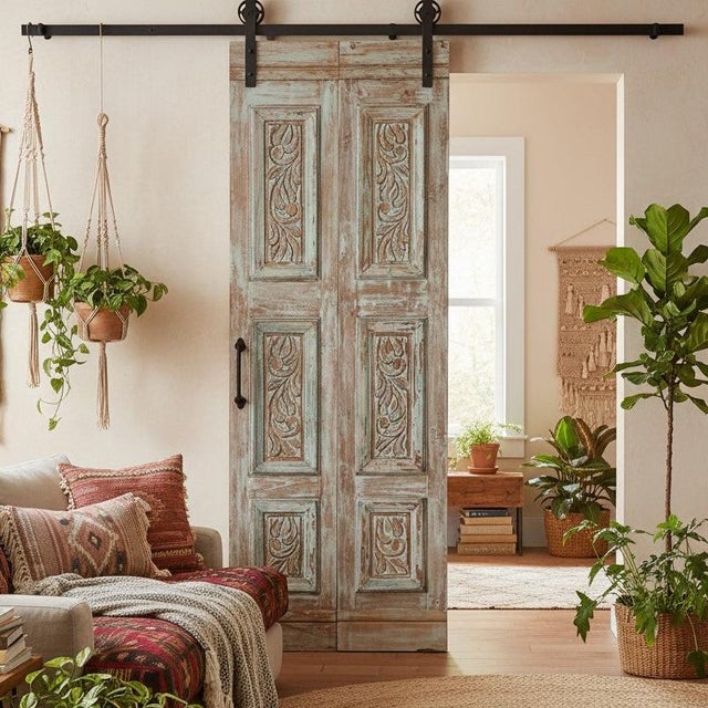 1920s Antique Carved Floral Barn Door – Rustic Blue Statement Pantry Doors 80x28 For Sale - Image 5 of 5