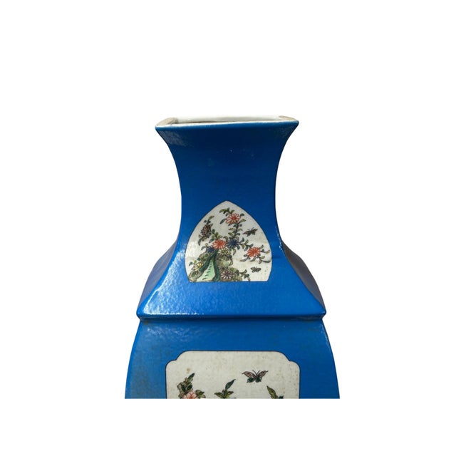 Chinese Bright Blue White Window Scenery Graphic Square Porcelain Vase For Sale - Image 9 of 17