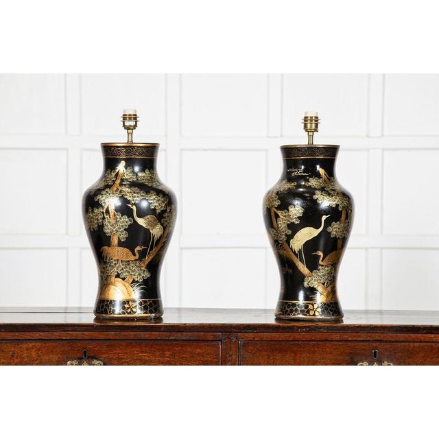 Large English Chinoiserie Papier-Mâché Table Lamps, 1950, Set of 2 For Sale - Image 12 of 16