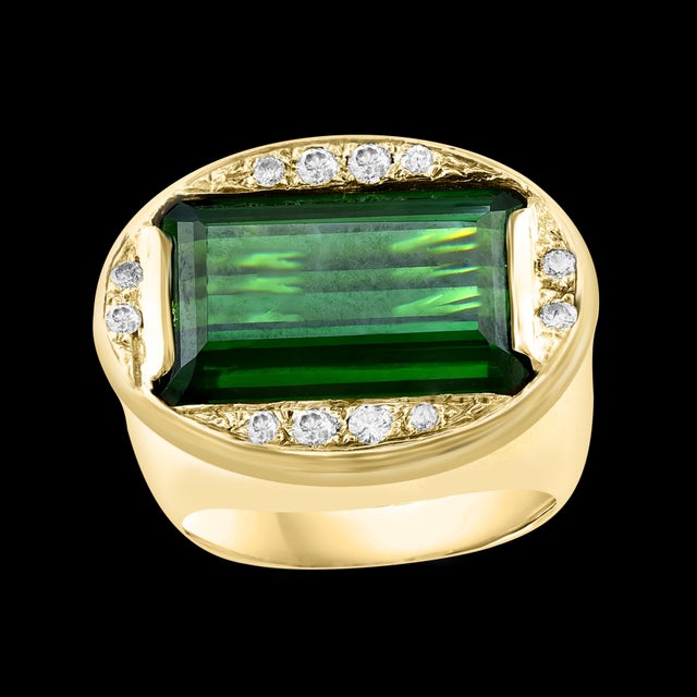 GIA Certified 11.72 Ct Green Tourmaline & Diamond Cocktail Ring 14K Yellow Gold For Sale - Image 13 of 18