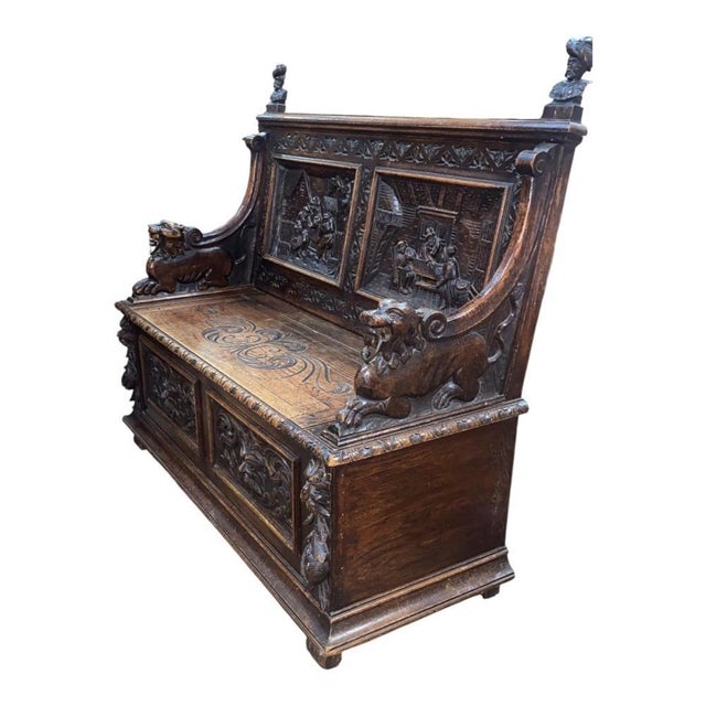 French Renaissance Revival Carved Oak Hall Monks Bench with Lion Masks, 1860s For Sale - Image 13 of 15