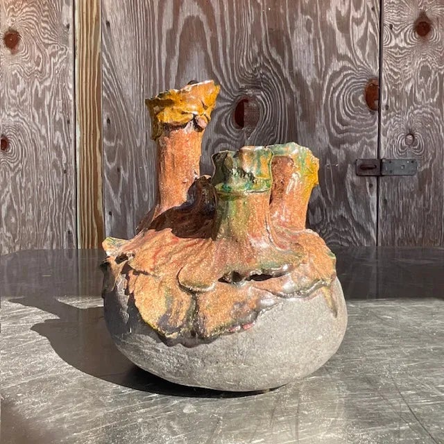 Vintage Organic Modern Sculptural Three-Spout Pottery Vase For Sale In West Palm - Image 6 of 16