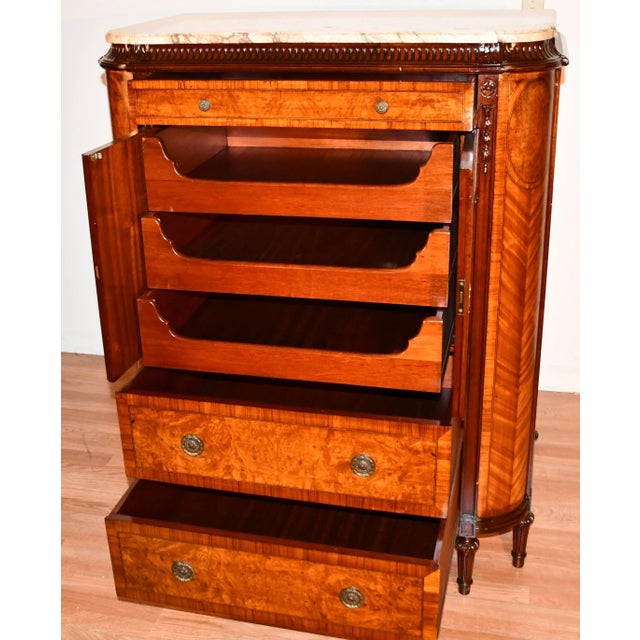 Wood 1900 Antique French Louis XVI Satinwood & Burl Walnut Marble Top Dresser For Sale - Image 7 of 13