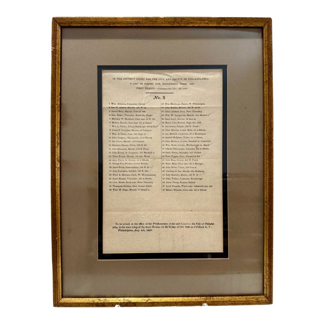 1840 Philadelphia District Court Juror List Antique Broadside Framed For Sale