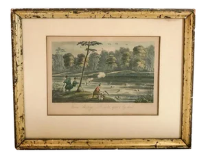 Antique Engraving Etching River Hunt Scene Gilded Frame