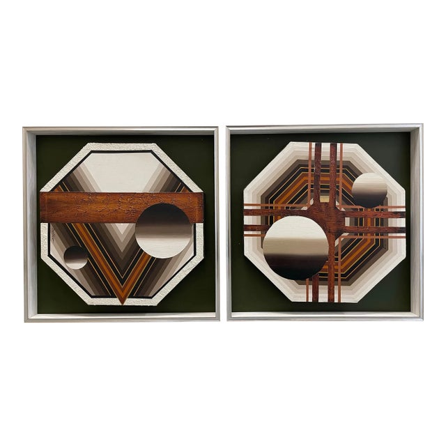 1970s Pair of Vintage Hand Painted Canvases Framed in New Shadow Boxes For Sale