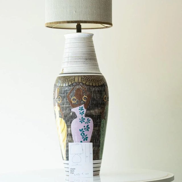 Ceramic Ceramic Floor Table Lamp with Silk Lampshade attributed to R. Houben, 1970s For Sale - Image 7 of 10