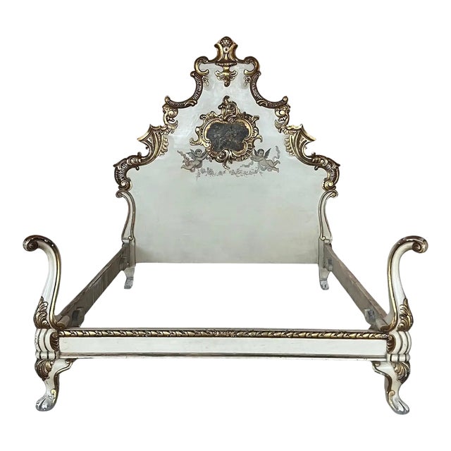 20th French Antique White and Giltwood Queen Bed With Original Painting For Sale