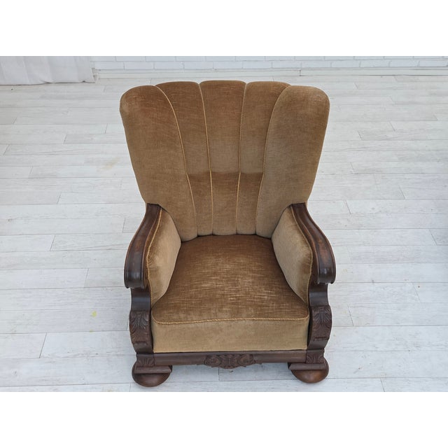 Danish Chair in Green Velour and Carved Oak, 1950s For Sale - Image 4 of 18