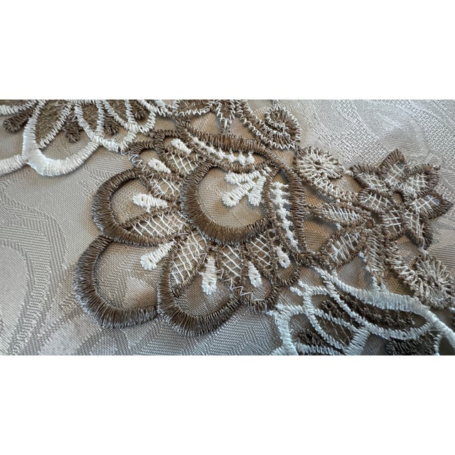 1970s Vintage LinenTablecloth, Embroidered Applique Lace, Cream and Taupe. On Ivory 18" X 55.5" Pristine For Sale - Image 5 of 17