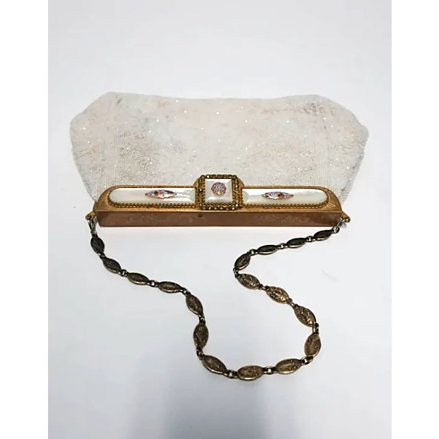 Vintage White Beaded Handbag With Pastel Enamel, Circa Mid-20th Century, Europe For Sale - Image 9 of 17