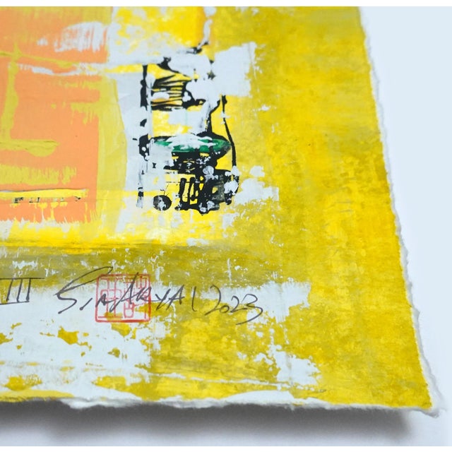 Abstract Popcorn. XIII Framed Abstract Pink on Yellow Painting For Sale - Image 3 of 5