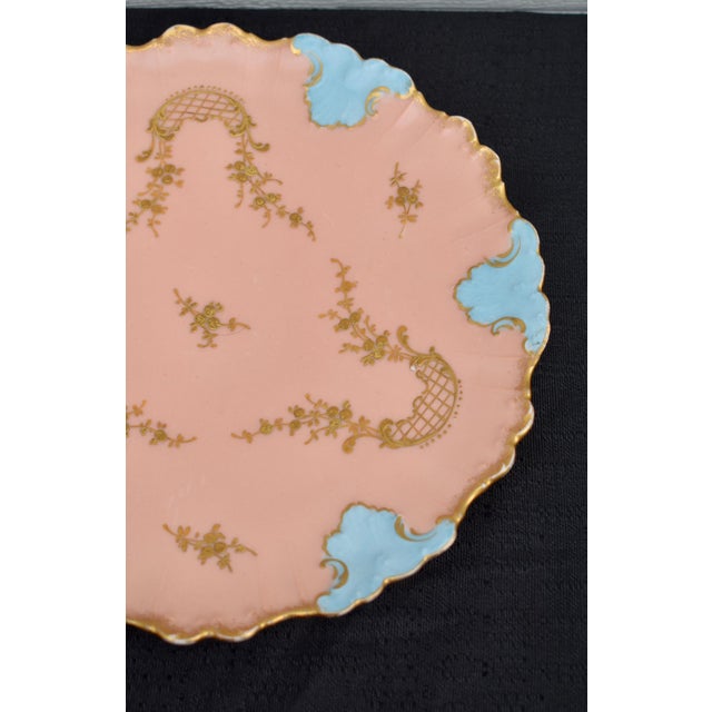 French Antique Ak Co Limoges Plate France Pink Cabinet Hand Painted Blue Gold Gilt For Sale - Image 3 of 10
