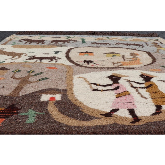 Ivory Vintage African Tapestry With Tribal Village, Wildlife and Hunting Scene For Sale - Image 8 of 15