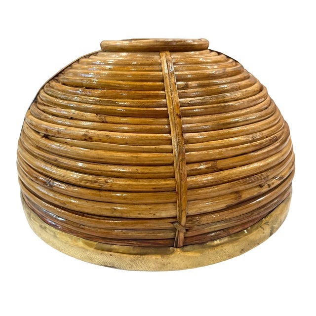 Tan Crespi Split Reed Rattan With Brass Bowl For Sale - Image 8 of 8