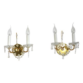 Antique Brass and Lead Crystal Wall Lamps from Palwa, 1960s, Set of 2 For Sale