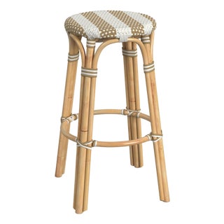 Tobias 30 in. Seat Height Round Rattan Backless Bar Stool, Tan/White Stripe/ Natural Rattan Frame For Sale