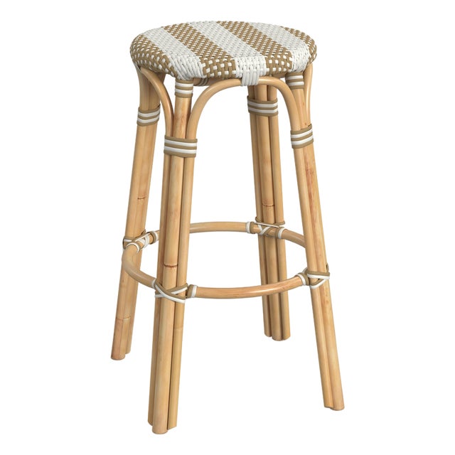 Tobias 30 in. Seat Height Round Rattan Backless Bar Stool, Tan/White Stripe/ Natural Rattan Frame For Sale