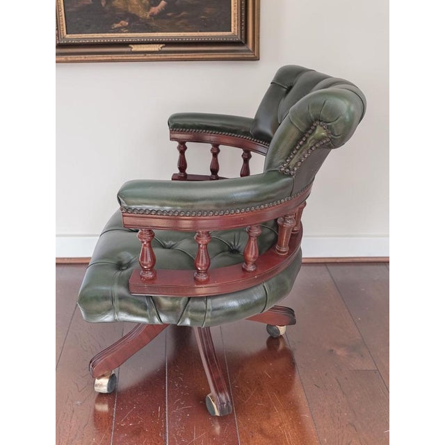Vintage Chesterfield Style Captain's Swivel Desk Chair in Green Leather, 1980s For Sale - Image 6 of 18