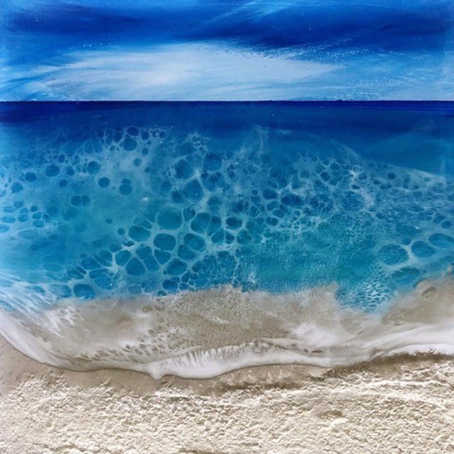 Ocean Waves #09 by Ana Hefco | Mixed Media & Resin on Wood Ocean waves and shoreline depiction For Sale