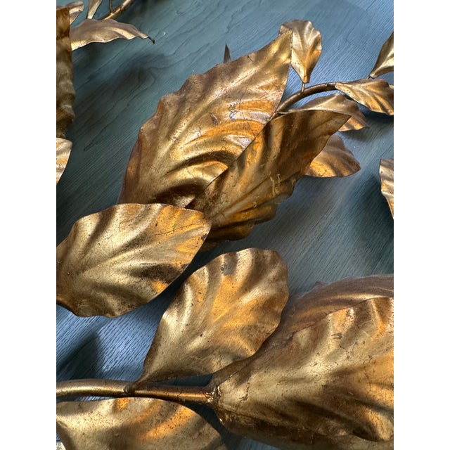 Large Vintage Brass-Tone Aluminum Leaf Wall Sconce, Sculptural Botanical Wall Lamp, Mid-Century Style For Sale - Image 9 of 11