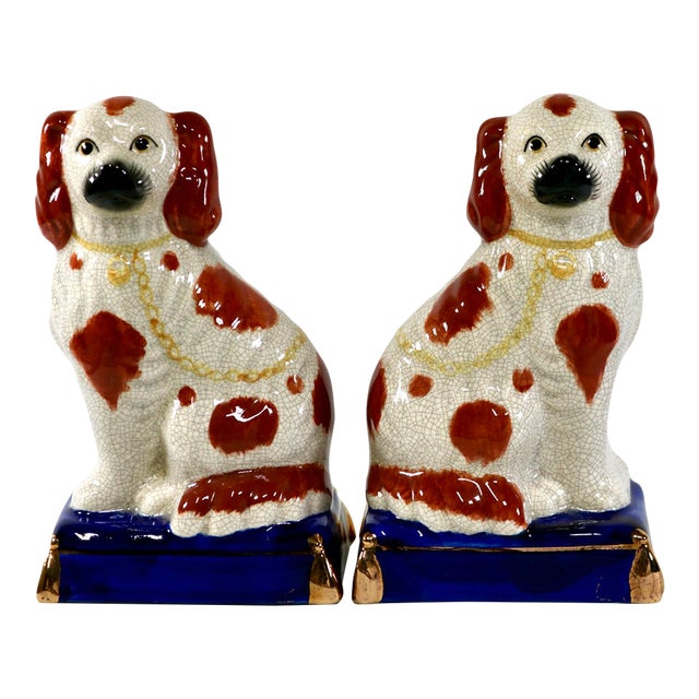 Vintage Staffordshire King Charles Spaniel Dog Bookend Ceramic Figurines - Set of 2 For Sale