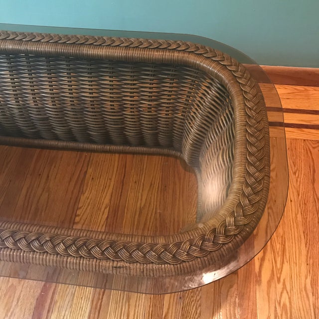 Set Three 1970's Coastal Braided Wicker Coffee Table & 2 Sides Tables With Glass Top For Sale - Image 4 of 11
