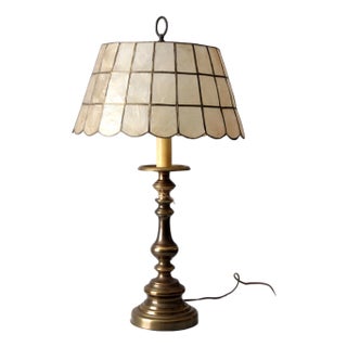 Mid-Century Brass Table Lamp With Capiz Shell Shade For Sale