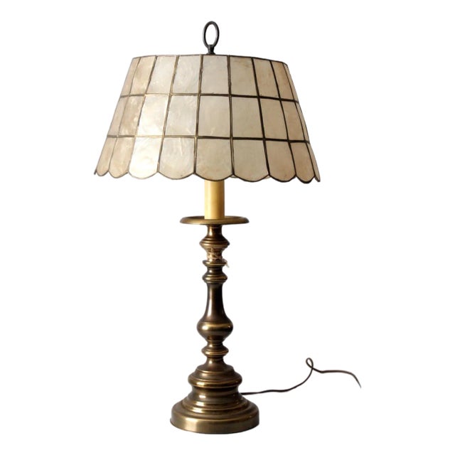 Mid-Century Brass Table Lamp With Capiz Shell Shade For Sale