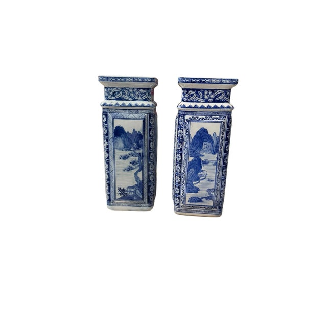 Ceramic Chinoiserie Qianlong Style Blue and White Porcelain Vases- A Pair For Sale - Image 7 of 12
