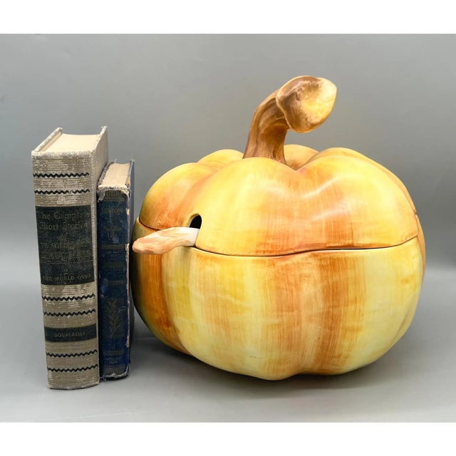 A wonderfully whimsical vintage pumpkin tureen, hand-painted in Italy and complete with matching ladle. Rendered in warm...
